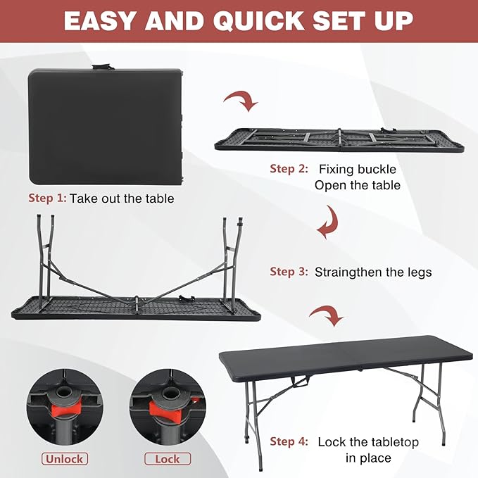 FDW Folding Half Portable Foldable Table for Parties Backyard Events (White, 6 FT 70 * 29) (Black, 6 FT)-NeatNest