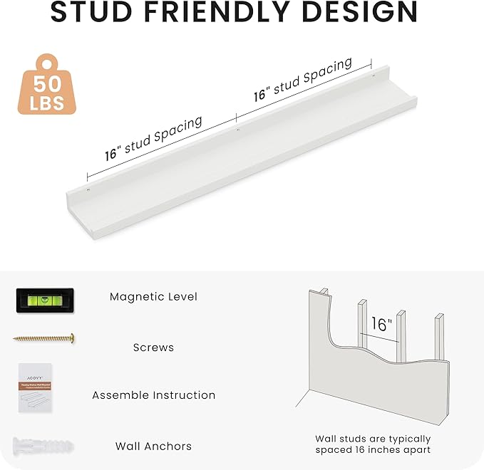 Floating Shelves for Wall, 36 inch Solid Wood Picture Ledge Shelf, Picture Shelf for Wall with Ledge, Floating Book Shelves for Living Room Bedroom Kitchen Nursery Decor, White, Set of 2