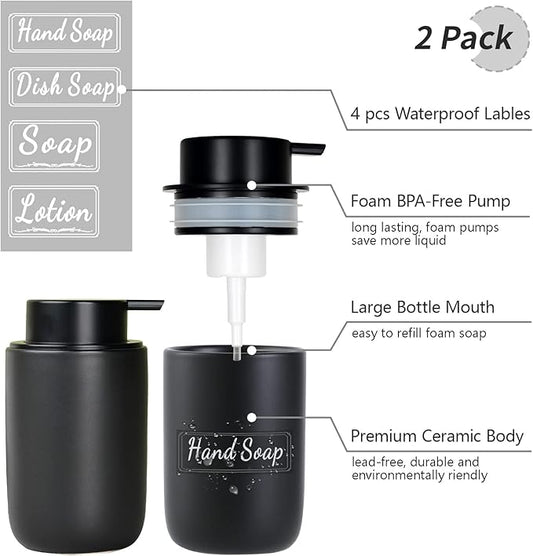 BosilunLife Foaming Soap Dispenser Set - Black Ceramic Foam Hand Dispenser 12oz Soap Dispenser Set with Rust Proof Pump, 4Pcs Clear Stickers for Kitchen, Bathroom - 2 Pack-NeatNest