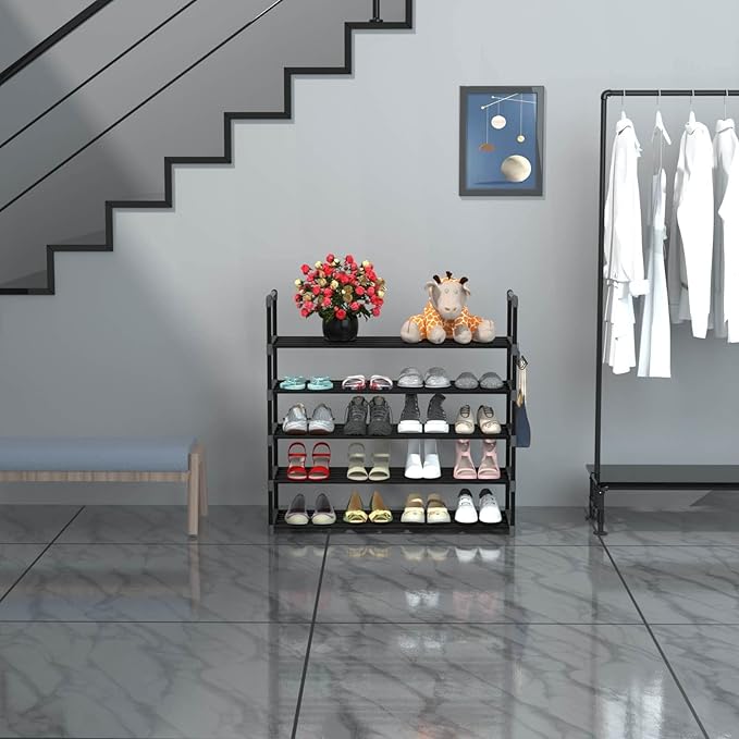 5 Tiers Metal Shoe Rack,Adjustable Shoe Shelf Storage Organizer with Hooks,Stackable Boot & Shoe Storage,for Entryway,Hallway,Closet,Black-NeatNest