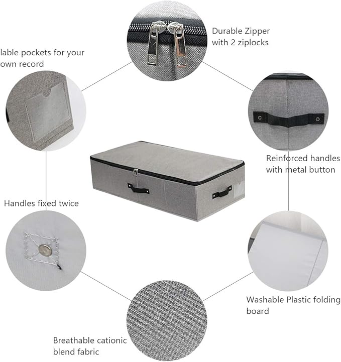 AMJ Under Bed Storage Organizer, Set of 3, Underbed Closet Storage Solution for Closet Organizers Storage Containers with Durable Handles Thick Fabric, Breathable, Linen Dark Gray-NeatNest