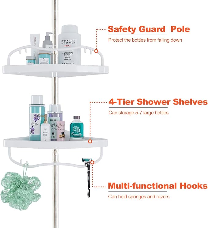 Corner Shower Caddy with Tension Pole, Rustproof ABS Shower Shelves with 56-125 Inch Steel Poles, Drill Free Shower Organizer, 4 Layer Adjustable Shelves, Silver