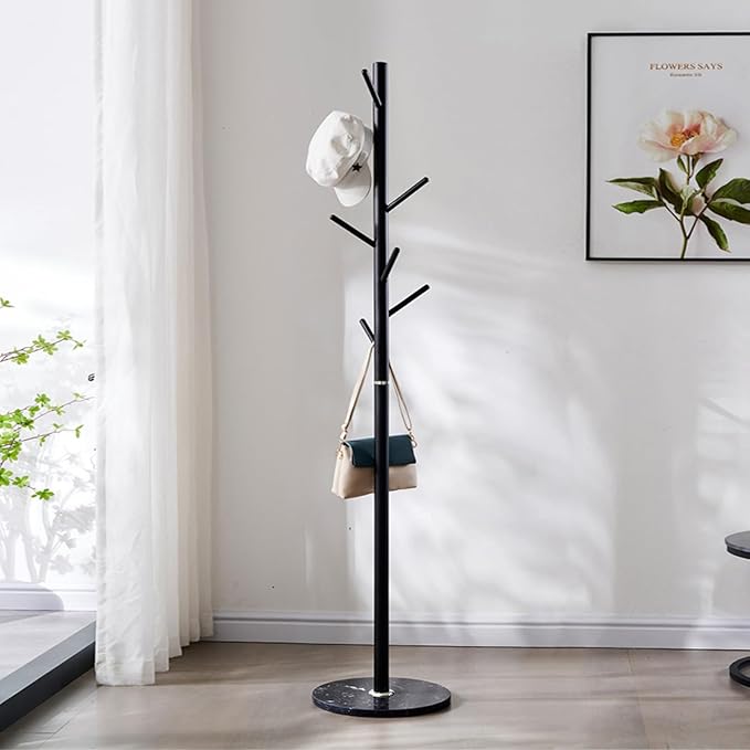Kertnic Metal Coat Rack Stand, Free Standing Coat Rack with Stable Marble Base, High-Grade Coat Tree with 7 Hooks Metal Hall Tree Bedroom Floor Hat & Clothes Hanger (Black)-NeatNest