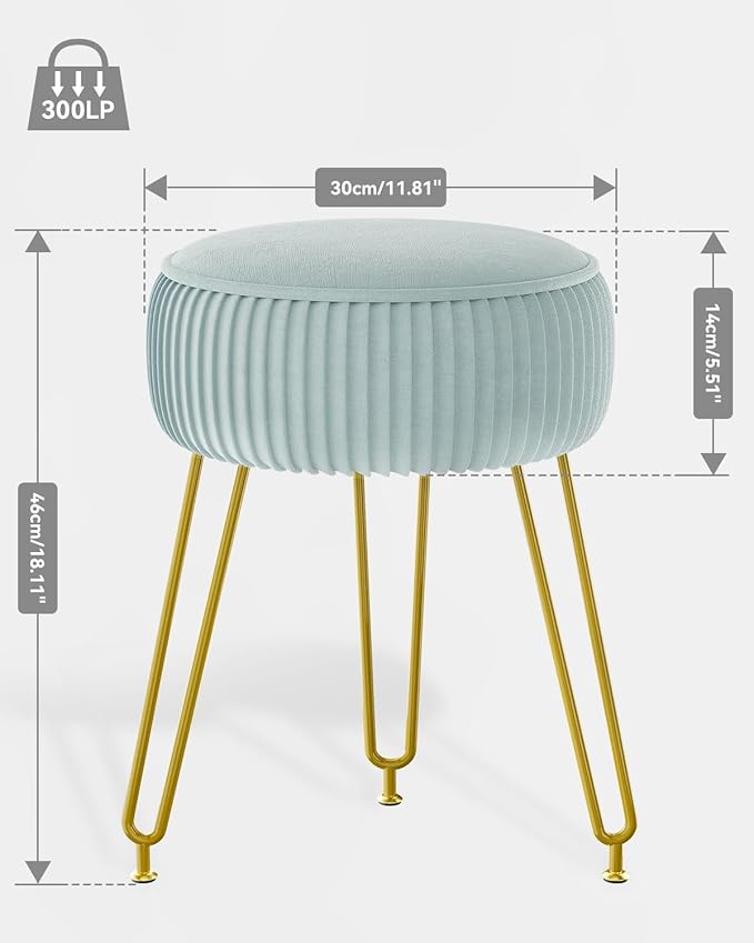 IBUYKE Velvet Round Footrest Stool Ottoman, Makeup Vanity Stool Side Table, Velvet Dressing Table Seat, Pouf Couch Stool, Golden Steel Legs, Blue LG-30H