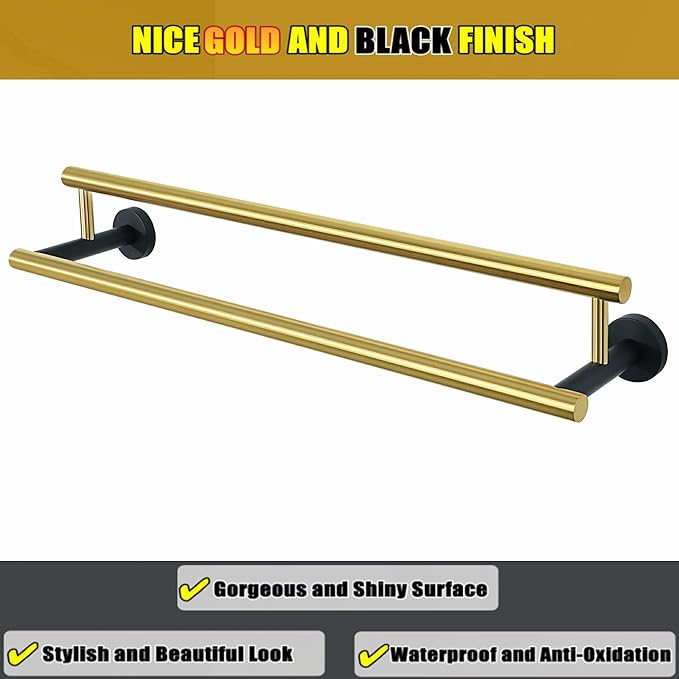 Alise Double Bath Towel Bars,24 Inch Towel Racks for Bathroom,SUS304 Stainless Steel Towel Holder,Towel Holder Wall Mount,Toilet Kitchen Towel Rod,Brushed Gold and Black Finish Towel Rail,GYT6902-GB