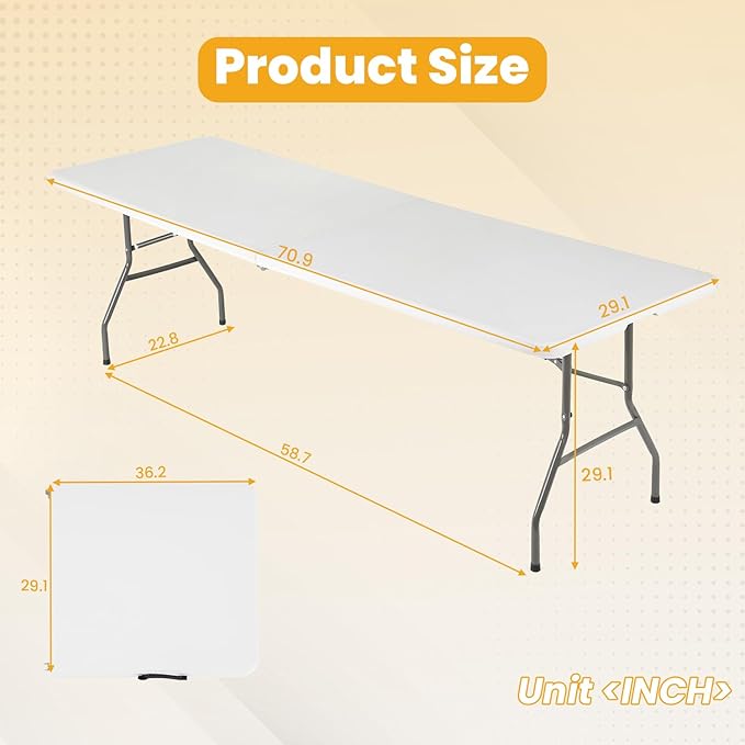 FDW 6FT Folding Picnic Table for Outdoor, Portable Fold-in-Half Plastic Dining Picnic Party Table with Carrying Handle-NeatNest