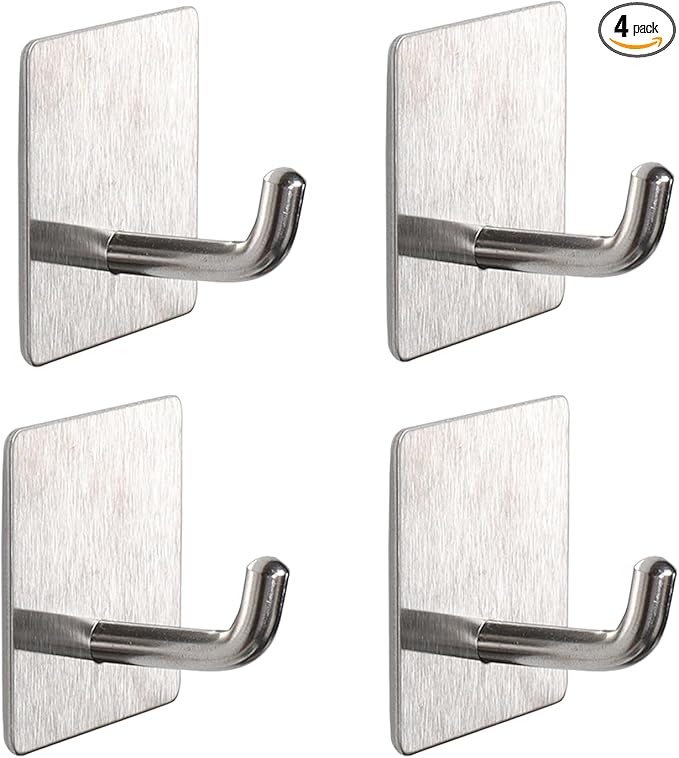 Bath Towel Hooks - 4 Pack Strong Self Adhesive Coat/Clothes Hooks, No Drilling Sticky Hooks, Heavy Duty 304 Stainless Steel Shower Wall Hook for Bathroom Kitchen Bedroom(Brushed Nickel)