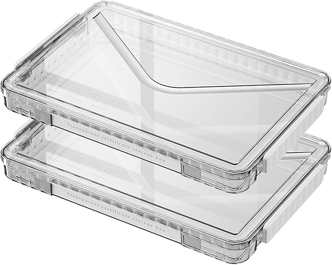 2 Pack Clear Plastic File Boxes w/Latching Lids, Stackable A4 Storage (White Latches, Small)