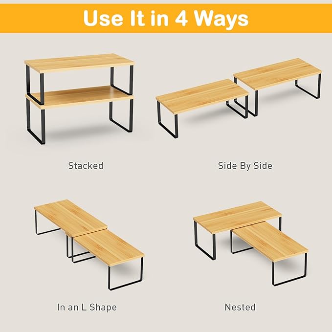 Cabinet Shelf Organizers, 15.7 inches Large Kitchen Counter Shelf, Set of 4 Wood Kitchen Pantry Organizer, Storage Shelves for Countertop, Spice Rack, Stackable, Expandable, Metal Black, Nature-NeatNest