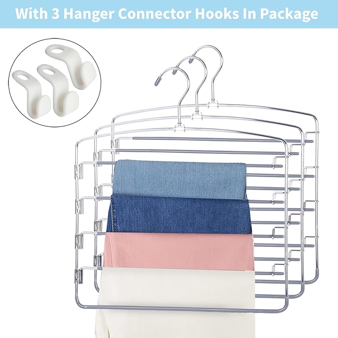 FeeraHozer Pants Hangers Space Saving 3 Pack No Slip 5 Layers Multi Functional Pants Rack Stainless Steel Swing Arm Space Saver Hanger for Trousers Jeans Towels Scarf (Grey)-NeatNest
