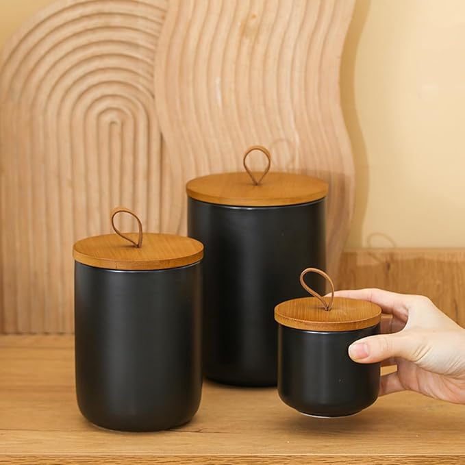 Ceramic Storage Jars, Modern Elegant Highly Polished Airtight Gorgeous Storage Canisters with Wooden Lid Small Food Stroage Jar for Kitchen Spice Tea Vanilla Sugar Coffee Beans (Black-3Pcs)-NeatNest