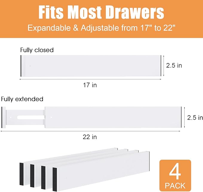 Bamboo Drawer Dividers,17-22" Adjustable Kitchen Drawer Organizer for Clothes,4 Pack Expandable Drawer Organization Separators for Bedroom,Bathroom,Dresser and Office,White-NeatNest