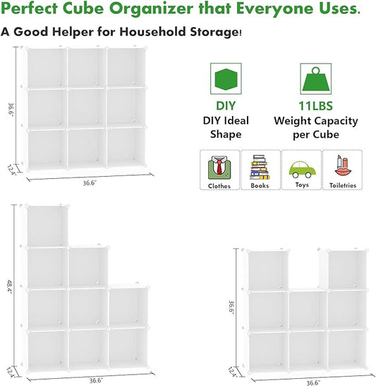 C&AHOME Cube Storage, 9-Cube Bookshelf, Plastic Closet Cabinet Organizer, DIY Stackable Bookcase, Modular Shelving Units Ideal for Home, Office, Kids Room, 36.6" L x 12.4" W x 48.4" H Milky UPCS09M-NeatNest