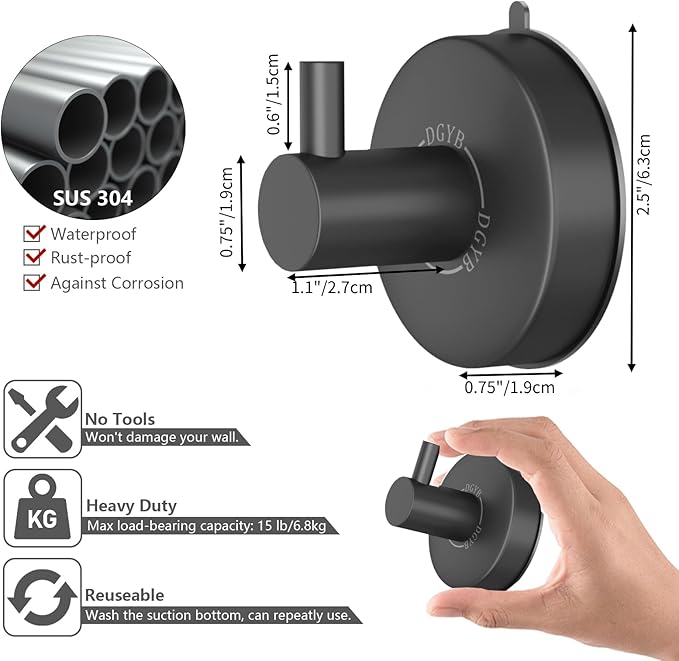 DGYB Suction Cup Hooks - Set of 2 Towel Hooks for Bathrooms - SUS 304 Stainless Steel - Grey - 15 Lb Capacity-NeatNest