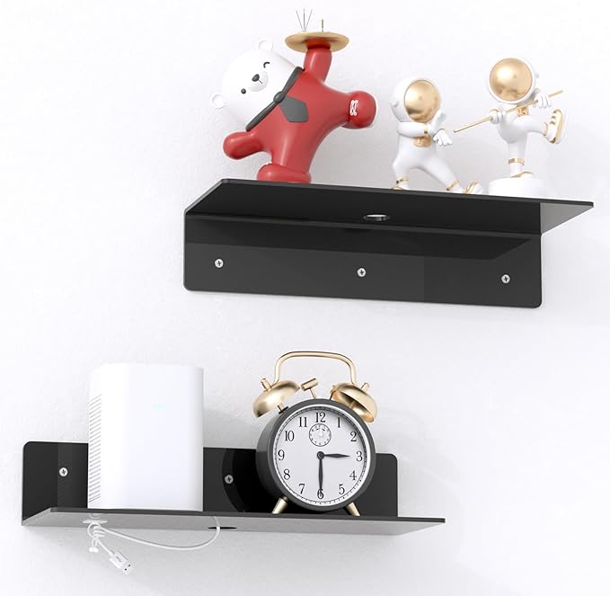 12" Black Acrylic Floating Shelves, 2 Pack with Cable Clips, Small Floating Shelf for Expand Wall Display Space for Living Room, Bathroom, Gaming Room, Dorm Wall Decor-NeatNest
