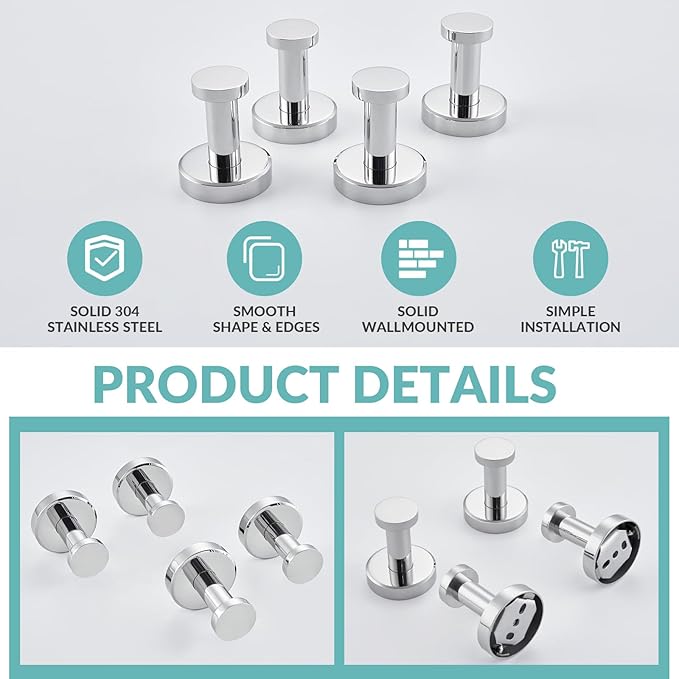 APLusee Polished Chrome Hand Towel Hook, 4 Pack 304 Stainless Steel Storage Coat Hook for Toilet Bathroom Kitchen, Home Accessories Wall Mounted