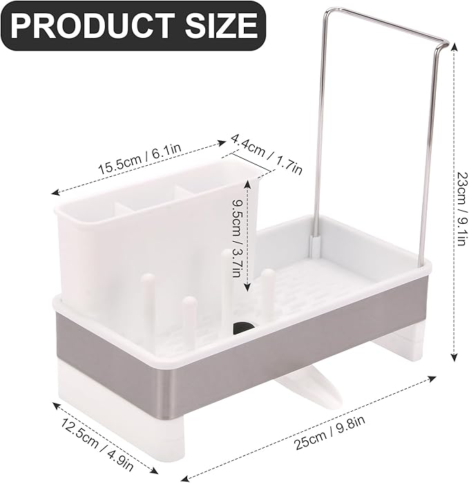 Dish Sponge Holder - Stainless Steel & PP Sink Caddy, 360° Rotatable Self-draining, Space-Saving Kitchen Sink Organizer with Removable Dish Cloth Rack (White)-NeatNest