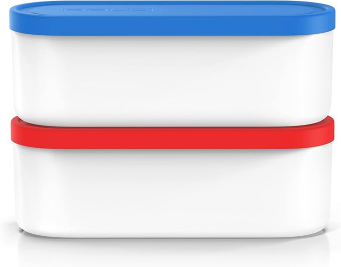 Ice Cream Containers - 2 Quart Ea. (Set of 2) - Premium Reusable Freezer Storage for Homemade Ice Cream Tub for Sorbet, Frozen Yogurt - Flexible Silicone Lids, Long Scoop, Stackable - Blue & Red