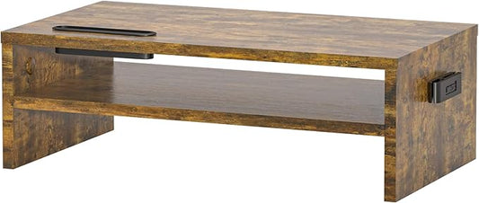BONTEC Wooden Monitor Stand Riser, 2-Tier Desk Shelf with Storage Organizer, Ergonomic Computer Stand with Cable Management, Cellphone Holder, Vintage Brown, 16.5 Inch-NeatNest