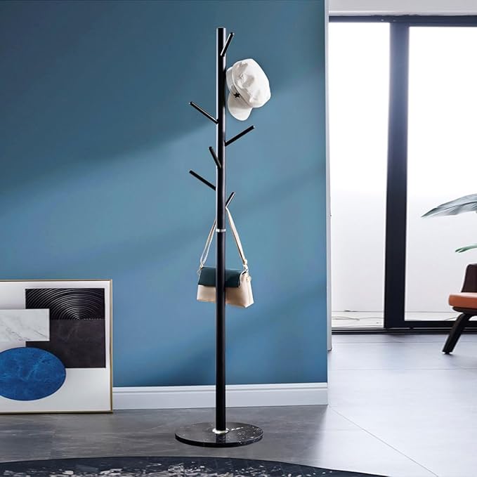 Kertnic Metal Coat Rack Stand, Free Standing Coat Rack with Stable Marble Base, High-Grade Coat Tree with 7 Hooks Metal Hall Tree Bedroom Floor Hat & Clothes Hanger (Black)-NeatNest