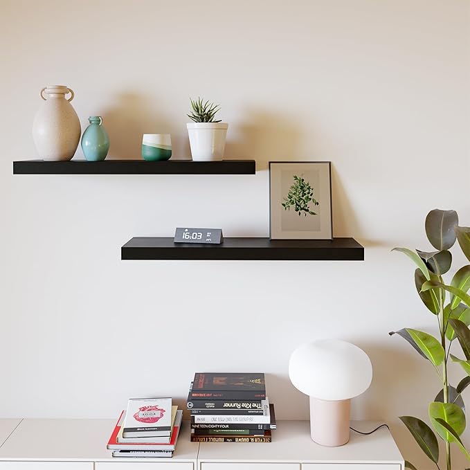 BATODA Set of 2 24" Acacia Floating Shelves Wall Mounted for Bathroom – Rustic Farmhouse Wooden Wall Storage Shelf Bedroom, Kitchen, Home Décor - Brackets and Shelving Mounting (Black, 24 Inch)-NeatNest
