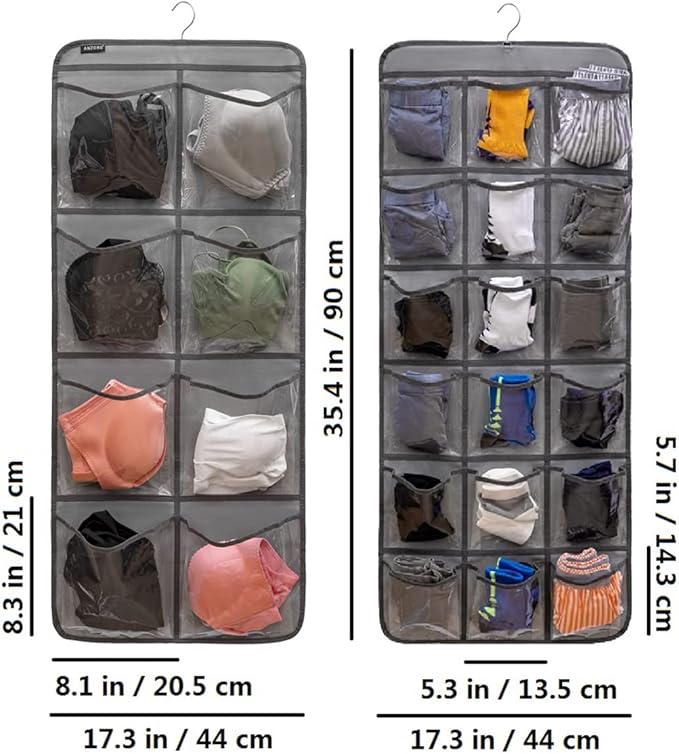 Dual-Sided Hanging Closet Organizer for Socks Underwear Bra Kids Storage Organizer for Baby Clothes Toddler Shoes with 26 Pockets (Purple-Clear Pockets)-NeatNest