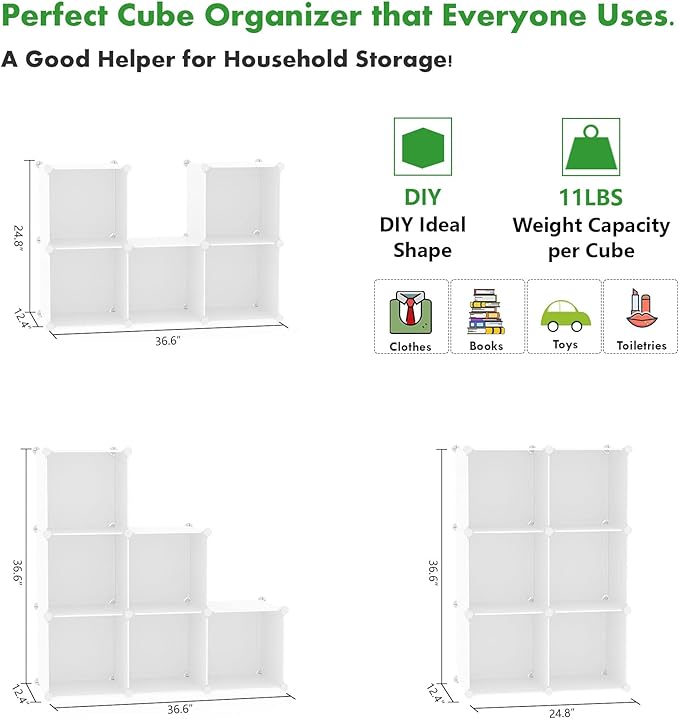C&AHOME 6-Cube Storage Organizer, Stackable Storage Cubes Shelves, Portable Bookshelf, Plastic Clothing Storage Closet Organizer, DIY Modular Shelving Units for Wardrobe, Home, Milky-NeatNest