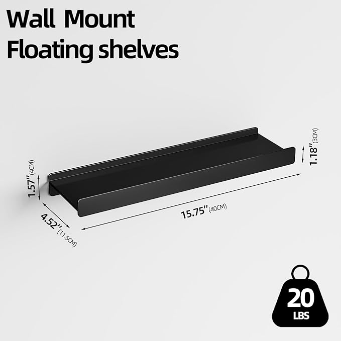 Floating Shelves for Wall, Wall Mounted Shelves with Lip for Storage, Metal Display Shelves for Home Decor, Kitchen/Living Room/Bedroom/Bathroom Shelf, Black 16 inch 1 Pack-NeatNest