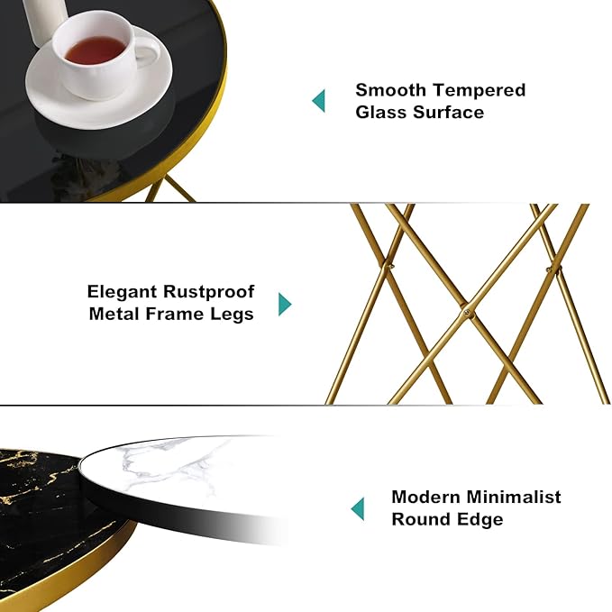HLR Modern Round Side Table Set of 2, End Table with Marble Effect Top and Gold Metal Frame, Small Side Table for Living Room, Bedroom, Sofa and Couch, Gold Legs, Black Glass top