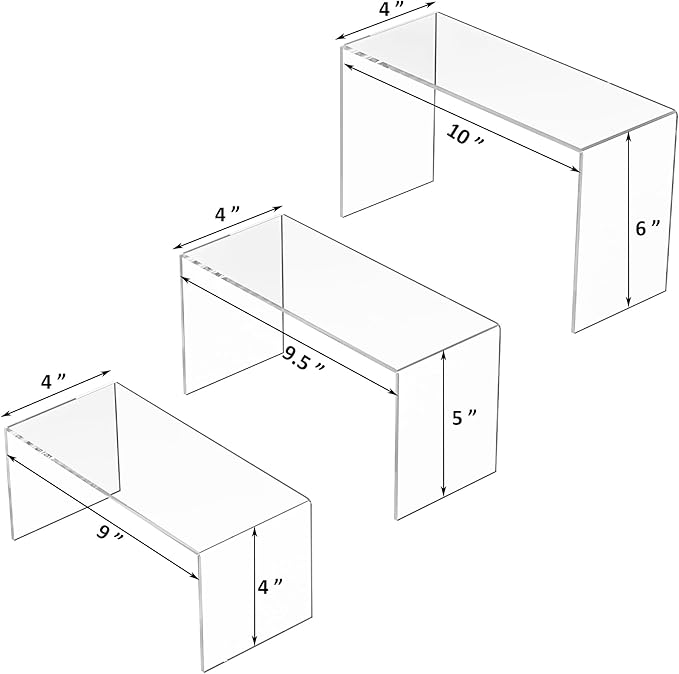 9x9.5x10 Inch Clear Display Risers Shelf 3pcs, Countertop Rectangular Acrylic Display Stands for Funko Pop Figure, Bags, Collectibles-NeatNest