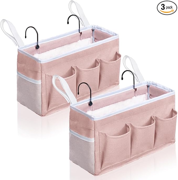 2Pcs Beside Caddy Storage Organizer, Hanging Bag Holder with Pockets for Bedroom, Loft Bed Tent, Bed Curtain, Top Bunk bed Shelf Accessories Bedside Caddy 3-pocket (Pink-2pcs)-NeatNest