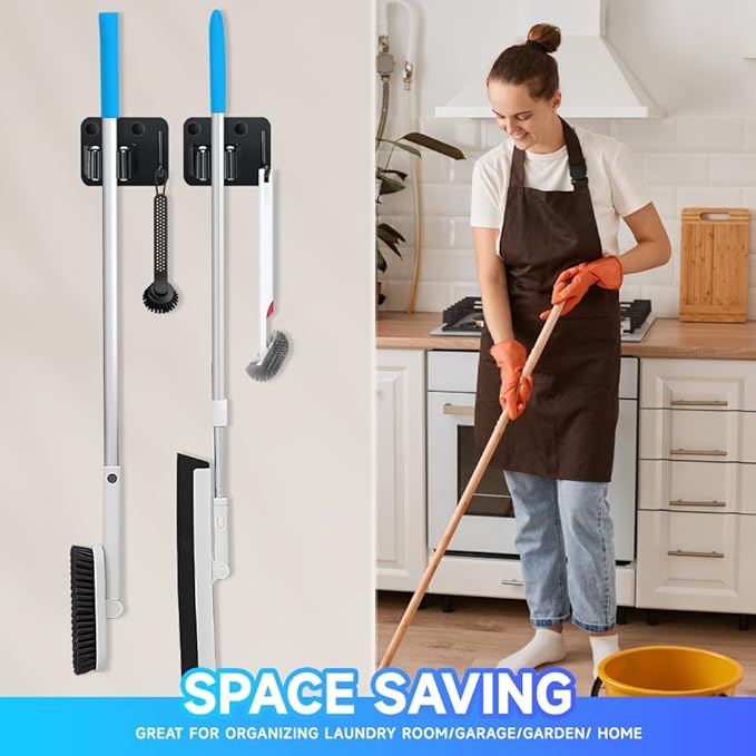2-Pack Broom Holder with Heavy Duty Hooks, Upgraded Stainless Steel Mop Hanger. Wall Mount Utility Tool Rack for Kitchen Garden Laundry Garage. Matte Black.-NeatNest