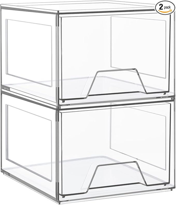 2 Pack Stackable Makeup Organizer, 4.4'' Tall Acrylic Bathroom Organizer and Storage Drawers, Clear Plastic Drawer Storage Bins For Vanity, Undersink, Cabinets, Pantry-NeatNest