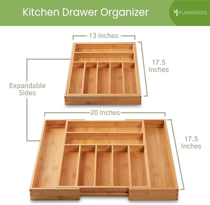 Bamboo Drawer Organizer, 2 Pack - Expandable Silverware Organizer & Utensil Drawer Organizer, Cutlery Tray with Dividers, 7-9 Slots - Premium Kitchen Organizer for Utensils & Flatware (Natural)-NeatNest