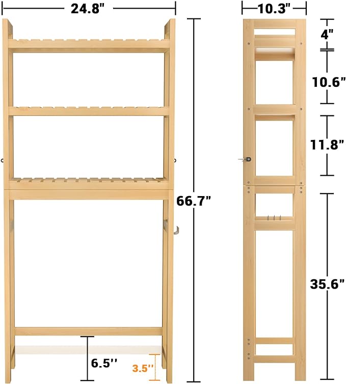 Homykic Over The Toilet Storage, 3-Tier Bamboo Bathroom Shelf with 3 Hooks, Above Toilet Organizer Rack Freestanding for Small Space, Restroom, Laundry, Easy Assembly, Natural
