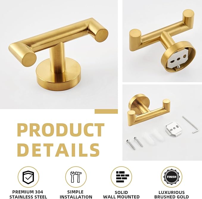 APLusee Brushed Gold Double Hand Towel Hook, 304 Stainless Steel Coat Hanger Luxurious Style, Bathroom Accessories Wall Mounted