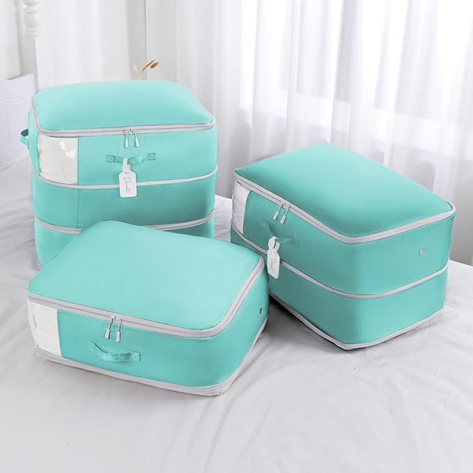 Comforter Storage Bag - Large Capacity Blanket Storage Bags 3-Layer Ultra Space Saving Self Compression Organizer, Washable Compression Bags for Storage Comforter Blanket, 4-Pack, Blue-NeatNest