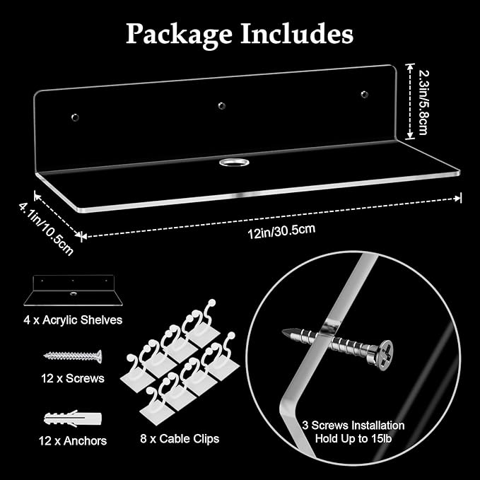 12" Clear Acrylic Floating Shelves, 4 Pack with Cable Clips, Small Floating Shelf for Expand Wall Display Space in Living Room, Bathroom, Gaming Room, Dorm Decor-NeatNest