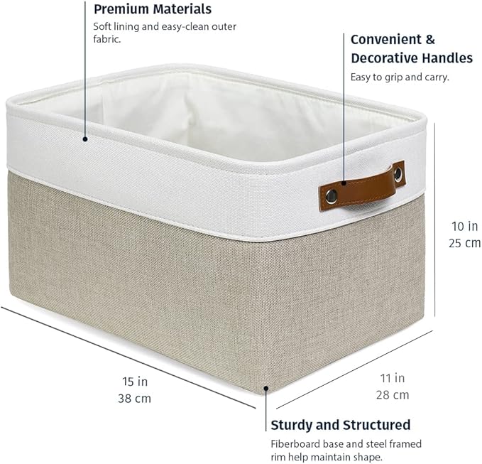 OrganiHaus Large Fabric Storage Baskets for Shelves 3 Pack, 15x11in Closet Storage Bins for Shelves, Cloth Baskets for Organizing, Linen Closet Organizers, Fabric Basket, Beige/White-NeatNest