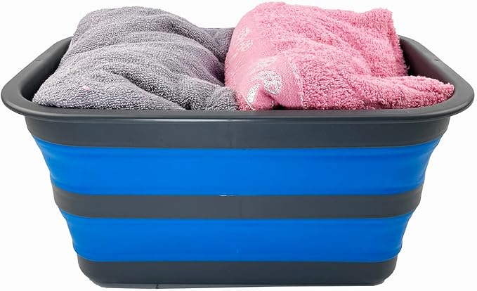 SAMMART 12L (3.17Gallon) Collapsible Tub - Portable Outdoor Picnic Tray - Portable Washing Basin - Space Saving Plastic Washtub (Grey/Blue (Set of 2))