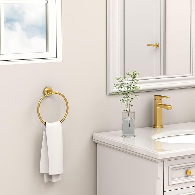 Bathroom Towel Ring Brushed Gold, Angle Simple SUS304 Stainless Steel Modern Towel Holder, Swivel Hand Towel Rack Wall Mounted