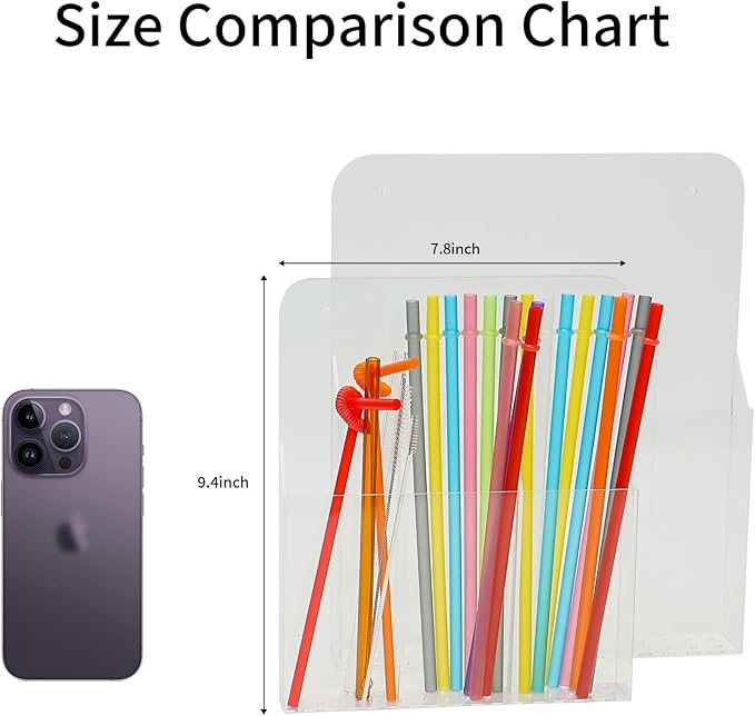 Acrylic Straw Holder for Cabinet, Large Capacity Thickened 9.4"x7.8" Adhesive Cabinet Door Organizer,Drinking Straws Dispenser,Organizer for Cupboard Reusable for Kitchen
