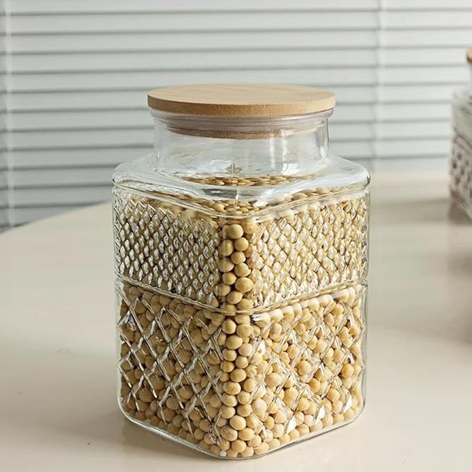 ANSQU Square Glass Jar, Candy Jar with Lid, Glass Food Storage Containers for Ground Coffee, Tea, Sugar, Decorative Mason Jar (Transparent, 61oz)