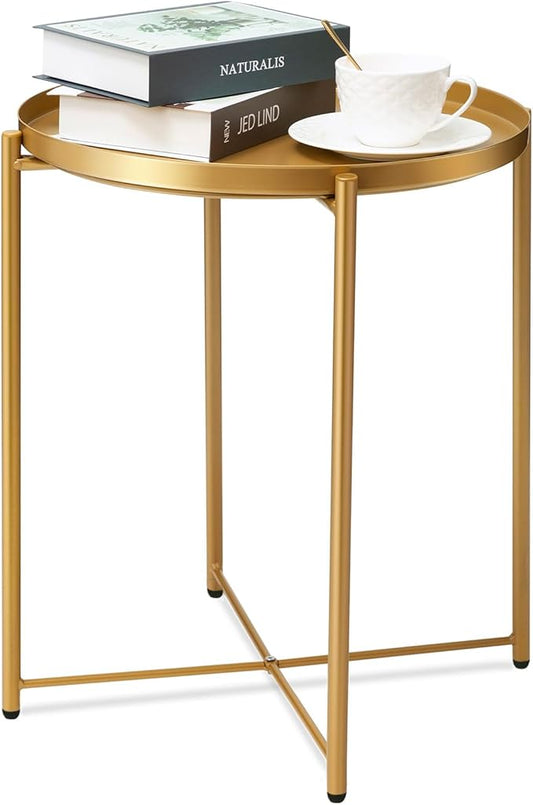 danpinera Gold Side Table, End Table for Small Spaces Outdoor Desk Round Metal Patio Coffee Nightstand Waterproof Removable Tray Desk for Living Room Bedroom Balcony Office-NeatNest