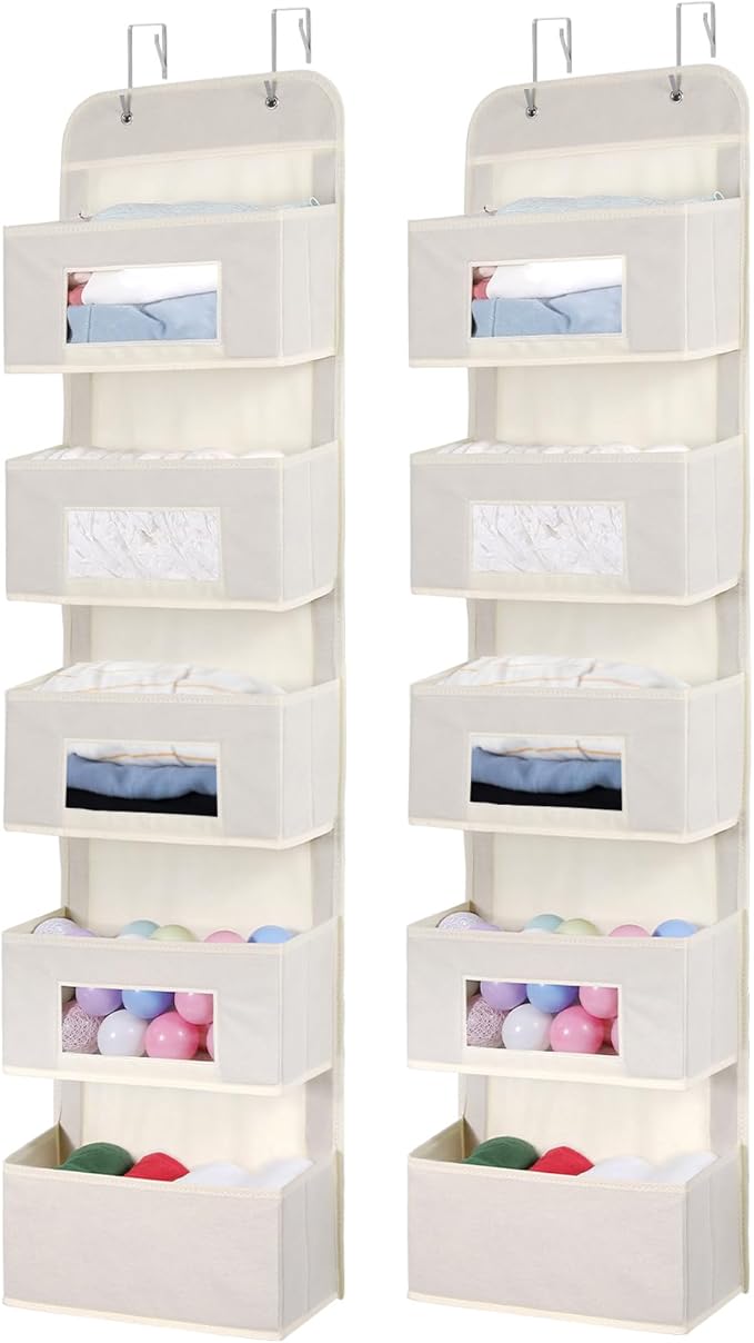 5-Shelf Over The Door Hanging Organizer with 2 Metal Hooks,5 Pocket Over The Door Wall Mount Storage with Clear Windows for Baby Nursery Bathroom Closet,Bedroom,Dorm(Beige-2 Pack)-NeatNest