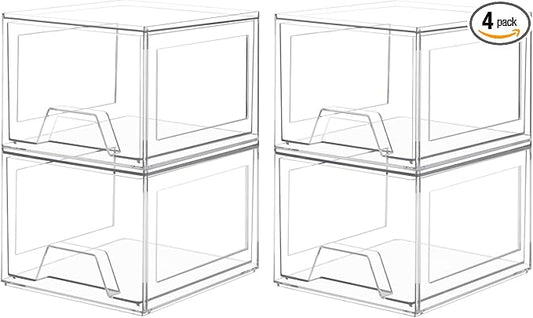 Damomo 4 Pack Stackable Organizer Drawers, 4.4" Tall Clear Bathroom Makeup Organizer and Storage, Acrylic Small Organizers Bins for Vanity, Undersink, Bathroom, Pantry, Kitchen Cabinets-NeatNest