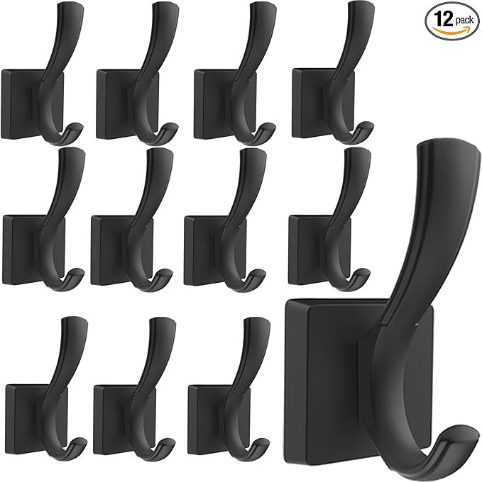 Black Coat Hooks for Wall Hanging, Bath Robe Hook Heavy Duty Thick Towel Hooks, Wall Mount Hooks Bathroom Entryway Mudroom Hooks for Hanging Coats Key Robe Hat Backpack (12 Pack, Black)-NeatNest