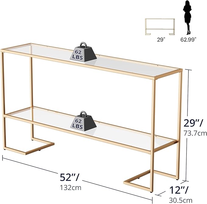 Cozy Castle 52" Console Table, 2-Tier Narrow Tempered Glass Sofa Table with Metal Frame for Living Room, Hallway, Bedroom, Gold-NeatNest