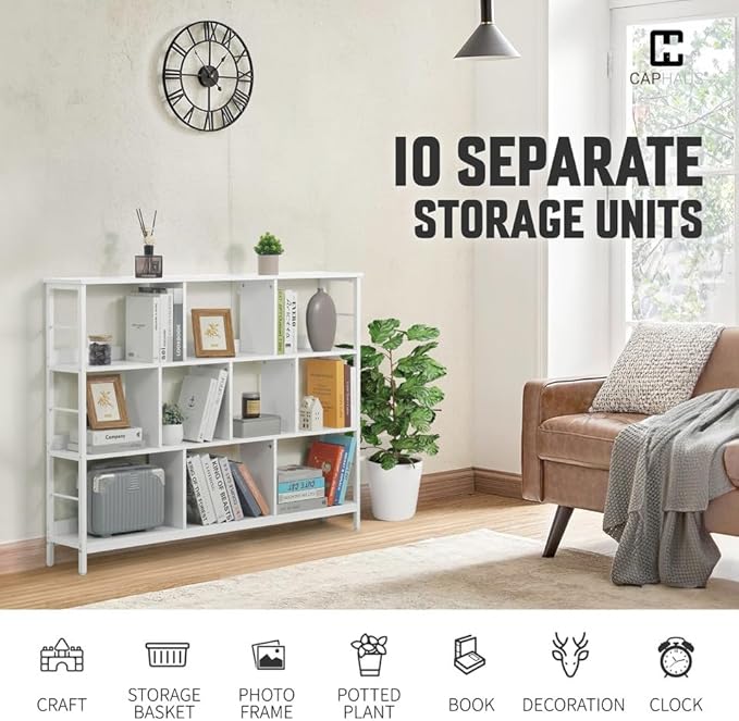 CAPHAUS 10 Cube Storage Organizer, 55” Wide 3 Tier White Industrial Open Shelf Bookcase, Display Shelf, Horizontal Bookshelf with Metal Frame, Wooden Board, for Living Room, Bedroom, Office-NeatNest