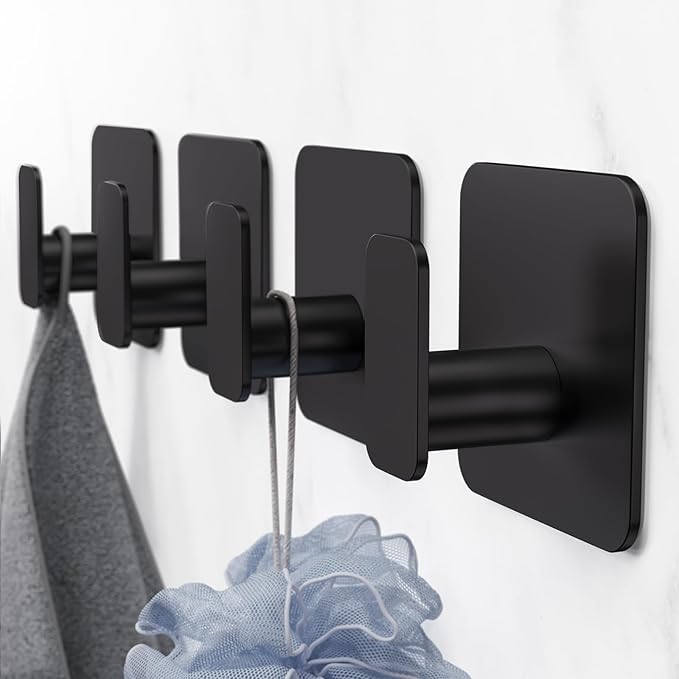 Black Hooks for Hanging Heavy Duty, Adhesive Hooks for Shower, Bathroom, Kitchen, Robe, Towel, Coat, Waterproof & Rustproof Hook for Walls No Damage, Stainless Steel Sticky Hook - 4 Pack-NeatNest